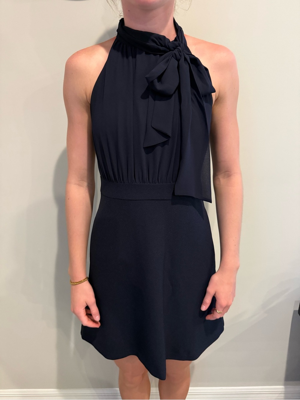 Vince Camuto Navy Bow Neck Halter Dress Size 2P Petite Elegant Cocktail Dress